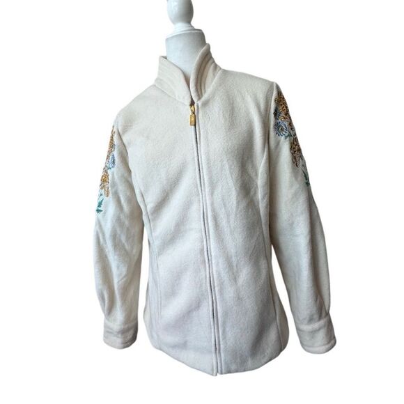 Bob Mackie Fleece Jacket Winter White Embroidered Sleeve Zip Up Size M - Picture 1 of 13